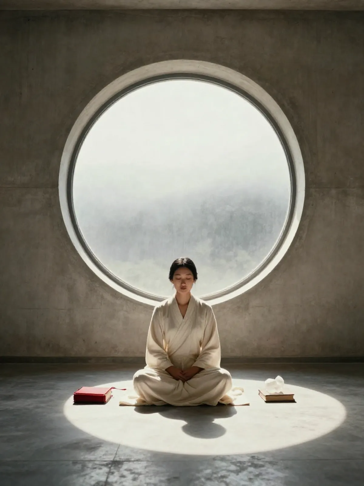 A figure in white robes meditates before a great circular window, morning light on ochre walls